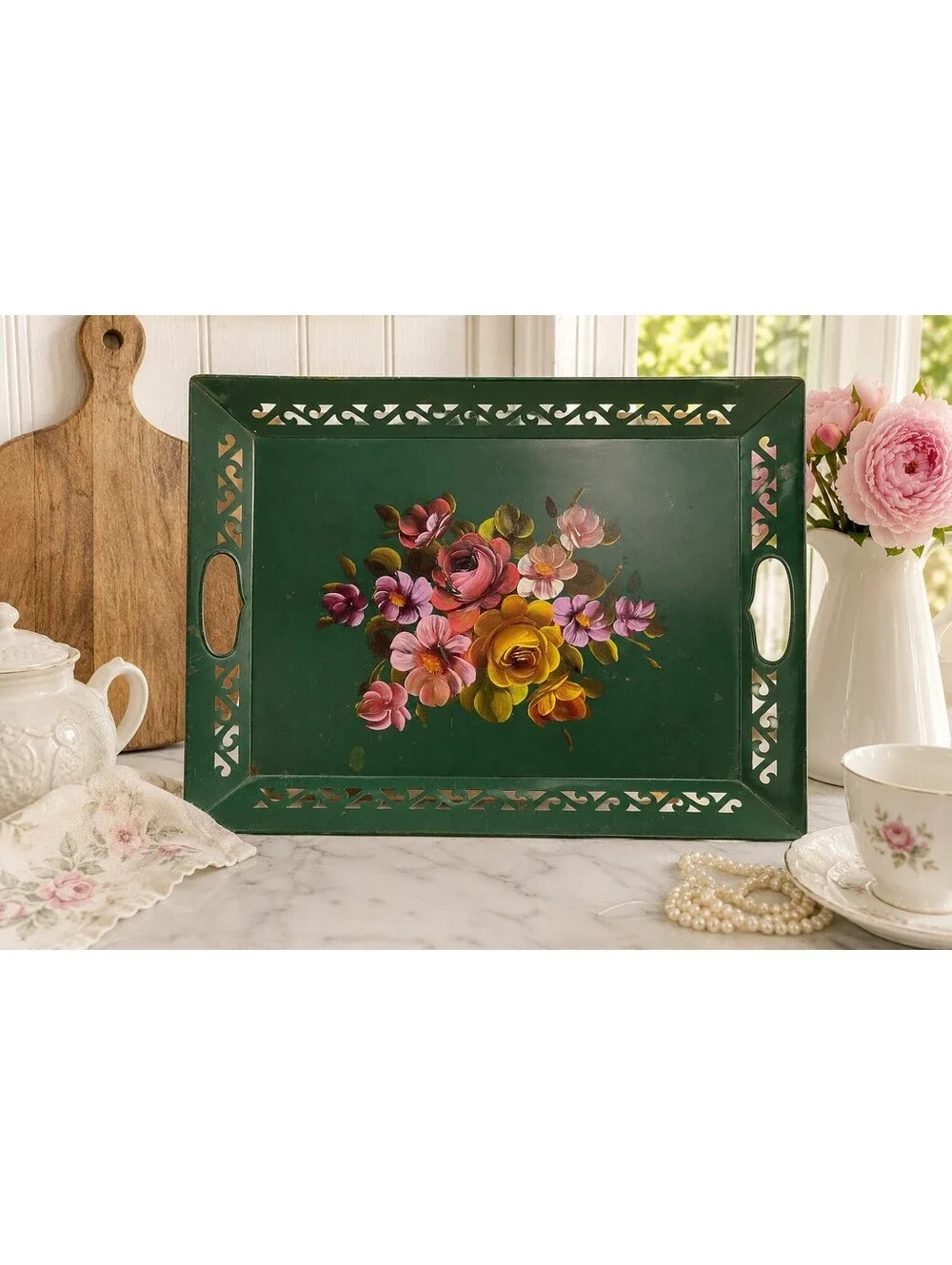 Vintage Hand Painted Floral Metal Serving Tray Mid Century Tea Tray